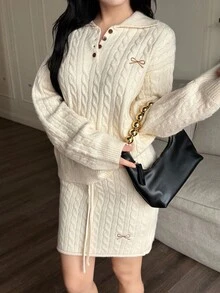 SHEIN LUNE 2件套麻花针织长袖毛衣和迷你裙套装，秋冬 - 杏色 - 查看 6