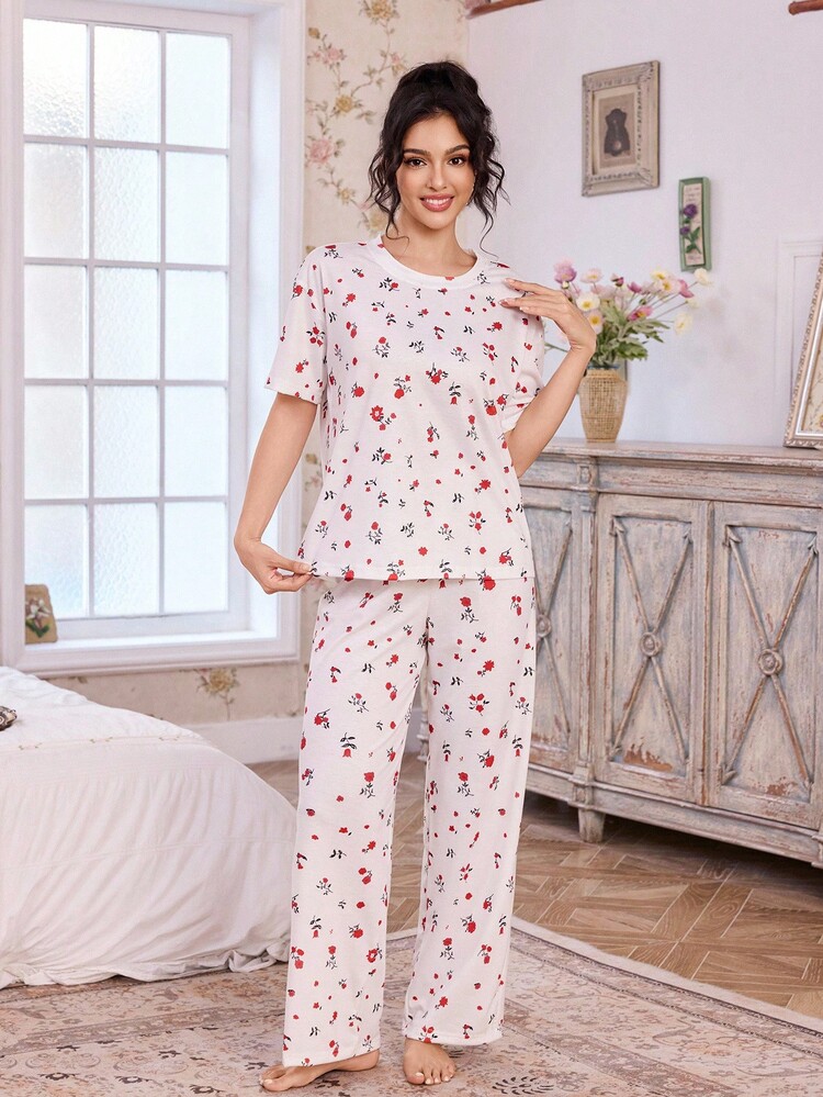 CottageSlumber 花卉印花休闲短袖长裤女士睡衣套装 - 紅色 - 查看 3