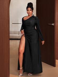 Maweii 大码女士黑色不对称领口扭结开衩性感正式连衣裙，春秋季 - 黑色 - 查看 3