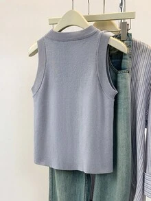 SHEIN Áo len cổ tròn không tay đơn sắc, thoải mái, đa năng dành cho nữ - Xám - Xem 2