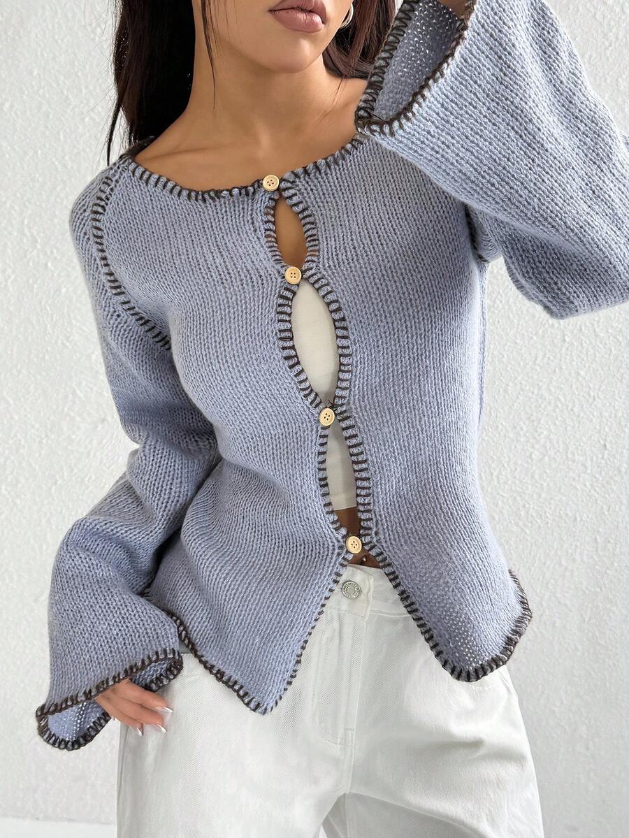 Flirla Casual Minimalist Versatile Button-Up Long Sleeve Women Cardigans - Grey - View 1