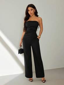 SHEIN PETITE Women's Simple Solid Color Tube Top And Suit Pants Set, Commuter Style, Summer - Black - View 7