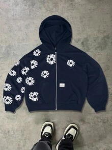 Manfinity EMRG Plus Size Men's Casual Letter Graphic Zip-Up Hoodie Sweatshirt, Autumn - Navy Blue - View 1