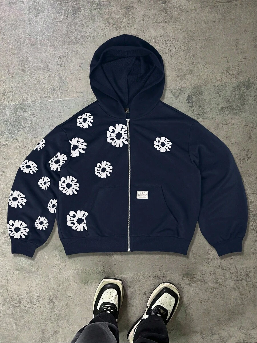 Manfinity EMRG Plus Size Men's Casual Letter Graphic Zip-Up Hoodie Sweatshirt, Autumn - Navy Blue - View 1