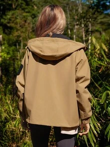 WanderVale Women's Hooded Jacket With Sleeve Patch, Elastic Cuff, Zipper Closure, Front Zipper, Adjustable Hem, Suitable For Spring And Autumn - Khaki - View 2
