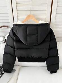 SHEIN Chaqueta casual de moda simple con cremallera, acolchada y engrosada para invierno, con capucha acolchada y bordada, de longitud cropped, cómoda y minimalista para niñas preadolescentes - Negro - Ver 5