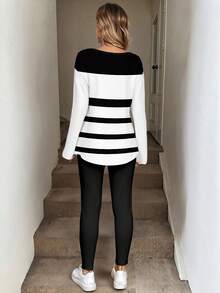 SHEIN LUNE Set de 2 piezas de camiseta de manga larga y leggings para mujer, en color blanco y negro a rayas, para otoño/invierno