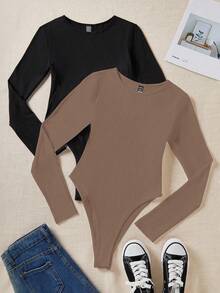 Elamini Conjunto de body de manga larga de unicolor informal - Café integral - Ver 3