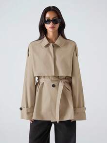 LYSMO 女式休闲单排扣收腰风衣，秋季 - 卡其色 - 查看 8