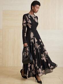 Aveloria Modichic Váy suông in họa tiết cọ ngẫu nhiên phong cách quý cô thanh lịch, cổ tròn tay dài co giãn - Nhiều màu - Xem 3