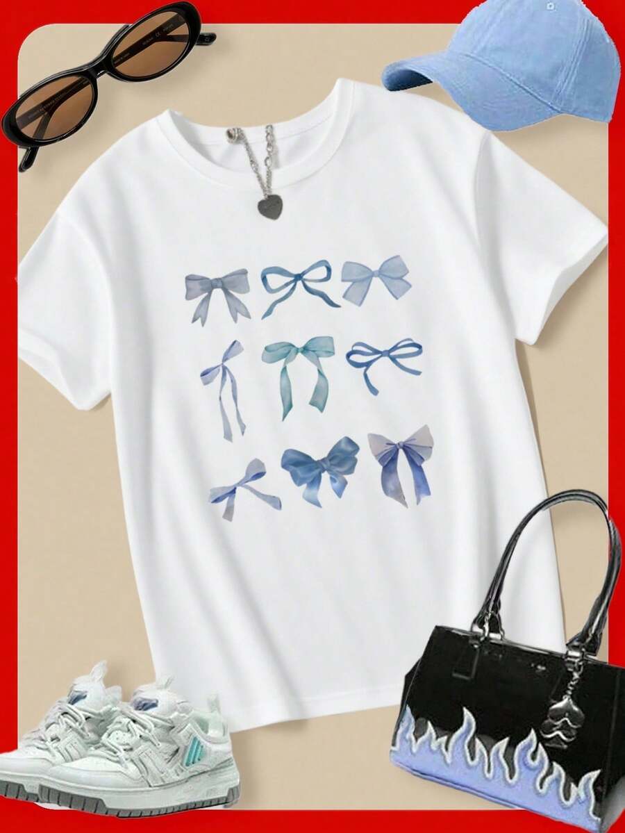 SHEIN 年轻女孩蓝色蝴蝶结创意美学印花短袖 T 恤，可爱芭蕾舞者风格夏季上衣