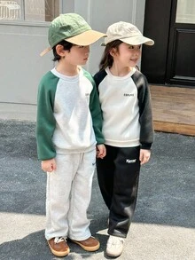 Genkimix Kids 2pcs/Set Toddler Girls' Knitted Sweatshirt, Contrast Color English Letter Print, Raglan Sleeve, Classic Fashion Versatile, Suitable For Autumn/Winter, Back To School Season Fall