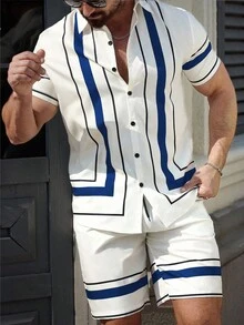 Manfinity Homme 男士撞色条纹短袖纽扣前休闲衬衫，夏季 - 彩色 - 查看 5