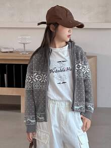 DAZY 女童复古图案长袖开衫 - 灰色 - 查看 3