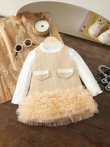 SHEIN Elladie kids 2pcs/Set Baby Girls' Autumn/Winter Back To School Outfit, 3 Months - 3 Years Old, Featuring: Khaki Dress With Multi-Layer Frill Tulle, And Ribbed High Neck Long Sleeve Sweater Top Fall - Khaki - View 4