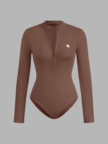 SHEIN EZwear 2 件女式小马印花拉链高领紧身衣套装，休闲长袖紧身衣，适合秋冬季 - 彩色 - 查看 5