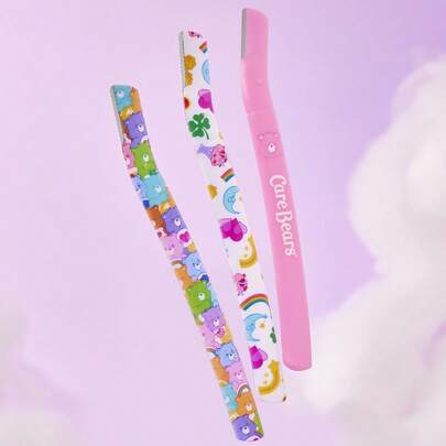 SHEIN X Care Bears 3 件套卡通欢呼熊、好运熊印花眉毛修剪器套装，配有安全刀片，不会划伤皮肤，适用于眉毛、面部、身体和其他部位，男女适用
