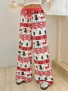 Zielony 女士简约时尚圣诞印花裤，圣诞冬季女士秋冬圣诞图案裤 - 彩色 - 查看 5