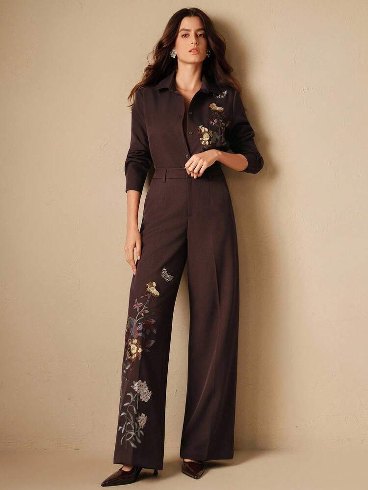 Women's Elegant Maillard Fashionable Vintage Embroidered Long Sleeve Shirt And Pants Set