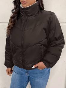 SHEIN Frenchy Damen Große Größen Warmer Langarm Lässig Gefütterte Mantel für den Winter - Kaffeebraun - Übersicht 6