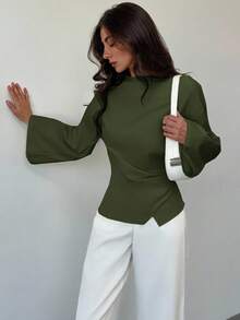 Aloruh Boat Neck Flared Sleeve Cropped Ruched Office Wear Women's Apricot Blouse - Army Green - View 5