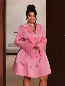 Maweii 大码女式纯色翻领长袖双排扣优雅连衣裙 - 珊瑚粉 - 查看 4