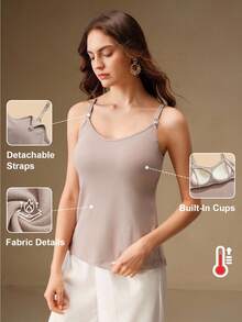 Anewsta 女士百搭浅卡其色固定罩杯加厚高弹力吊带背心，哺乳吊带背心 - 卡其色 - 查看 1