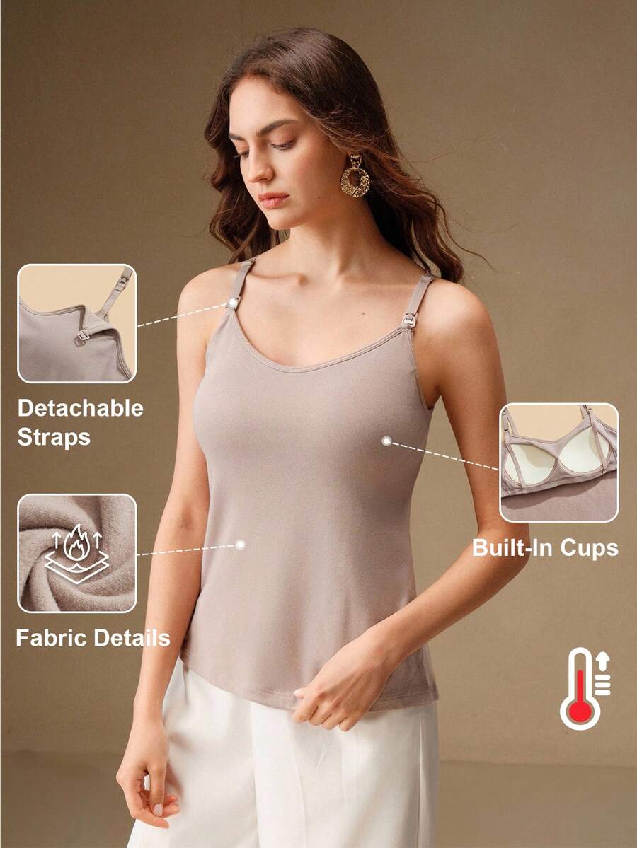 Anewsta 女士百搭浅卡其色固定罩杯加厚高弹力吊带背心，哺乳吊带背心 - 卡其色 - 查看 1