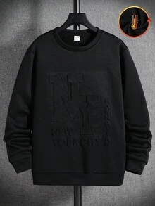 SHEIN 青少年男孩基本款黑色圓領壓紋字母寬鬆冬季衛衣，返校、畢業、秋季、街頭休閒圖案街頭時尚 - 黑色 - 查看 3
