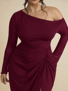 SHEIN BAE Plus Size Women Ruched Mesh Long Sleeve Semi-Sheer Dress - Burgundy - View 2
