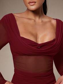 Silquee Blusa elegante de mujer con cuello de corazón, manga larga transparente y ajustada con pliegues - Burdeos - Ver 7