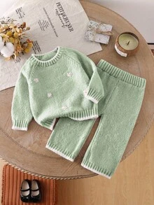 SHEIN Vintaside Kids 2 件套女婴刺绣毛衣和阔腿裤套装，休闲针织服装，适合游乐场、家庭活动、户外摄影