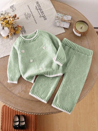 SHEIN Vintaside Kids 2 件套女婴刺绣毛衣和阔腿裤套装，休闲针织服装，适合游乐场、家庭活动、户外摄影