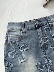 Elamini Women's Cross Patch Pocket Bodycon Denim Mini Skirt - Blue - View 5