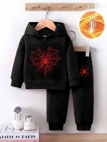 SHEIN 2 件套男婴时尚蜘蛛网印花连帽羊毛衫和蜘蛛网印花羊毛运动裤套装，适合秋冬季外出、万圣节服装 - 黑色 - 查看 3