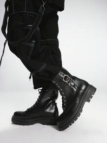 Sugerpunk Gothic Style Round Toe Thick Heel PU Leather Punk Boots With Metal Circle Buckle Design, Suitable For Party, Daily Wear, And Casual Chic - Black - View 3