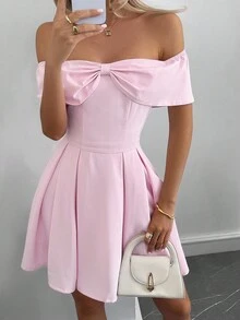 INAWLY Vestido Elegante e Delicado de Ombro Caído de Cor Sólida e Doce para Mulheres