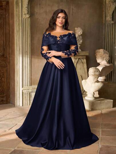 Aureia Plus Size Elegant Luxurious Embroidered Lace Applique Sheer Long Sleeve Off Shoulder Stretch Satin Maxi A-Line Dress, Suitable For Weddings, Parties, Vacations, Galas, Valentine's Day