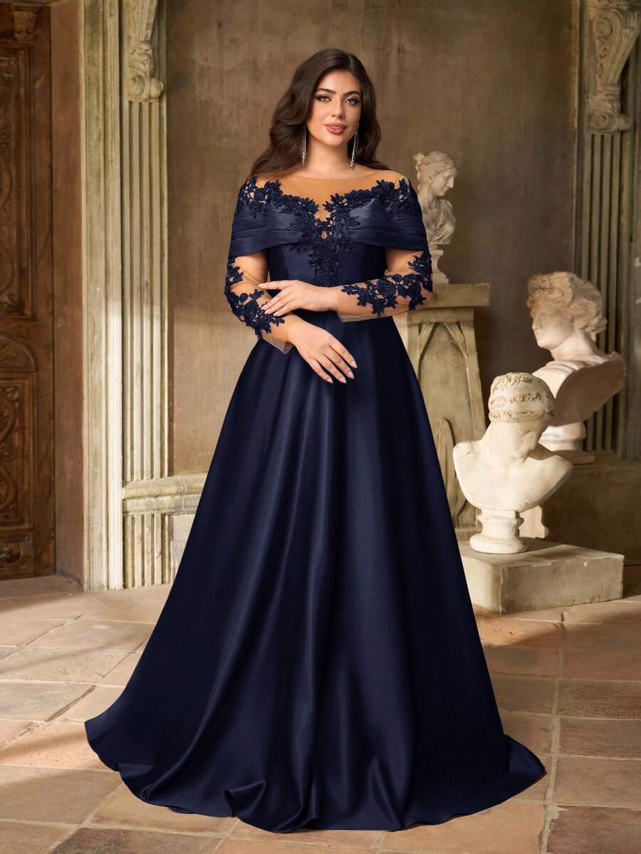 Aureia Đầm maxi dáng chữ A dài tay, trễ vai, chất liệu satin co giãn, sang trọng, thêu ren tinh tế, cỡ lớn, thích hợp cho đám cưới, tiệc tùng, kỳ nghỉ, dạ hội, ngày Valentine.