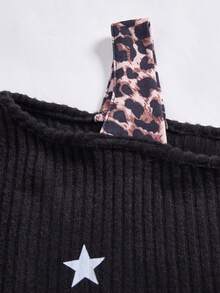 SHEIN Explorewe 2 件套 Tween Girls Me 宽松休闲街头时尚设计斜肩豹纹罗纹印花搭配撞色腰部阔腿裤套装，适合日常、通勤、休闲、度假、聚会、街拍、秋冬 - 黑色 - 查看 4