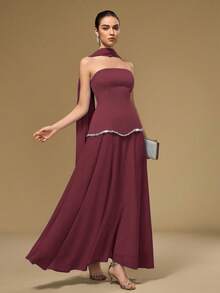 Coutiva Vestido Elegante de Coquetel Bodycon Sem Alças da Moda para Mulheres - Vinho - Visão 6