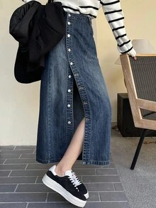 DAZY 女士纽扣装饰牛仔裙，休闲时尚，适合日常穿着的牛仔裙 - 中等水洗藍 - 查看 2