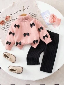 SHEIN Babygirl 可爱蝴蝶结装饰长袖毛衣和黑色裤子针织套装，秋冬休闲装 - 粉色 - 查看 1