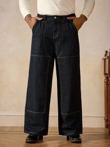 RivetRise 男士深蓝色宽松阔腿休闲牛仔裤 - 深色水洗藍 - 查看 5