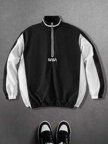 Teenage Boys' Minimalist Black & White Contrast Color Block Letter Print Pullover Jacket, Loose Fit, Comfortable, Versatile, Suitable For Autumn, Spring, Winter, Daily Wear, Commuting, Outdoor, Sports, School, Streetwear, Party, Photography Fall - Multicolor - View 3