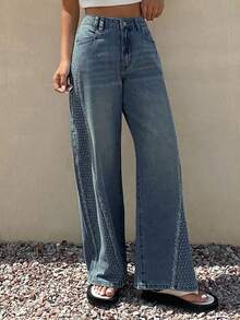 Livesso 女式休闲做旧水钻口袋宽松牛仔裤 - 深色水洗藍 - 查看 6