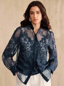 Anewsta Elegant Palace Style Fashion Pearl Decor Floral Collar Semi-Sheer Long Sleeve Blouse Top, Suitable For Spring, Summer, Festival, Graduation - Navy Blue - View 6