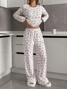 EURMUSE Women Cotton Rib Knit With Flower Patterned Long Sleeve&Pants Homewear Comfort Lounge Pajama Set For Ladies Pj Sets For Women Long Sleeve Women Lounge Set Comfy Pajamas Set Women's Lounge Set - White - View 3