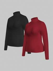 SHEIN Essnce Quần áo nữ cỡ lớn mùa thu thời trang mới mùa thu nữ kiểu Pháp mùa thu 2 mảnh áo phông đen trắng dài tay quần áo công sở nữ công sở nữ thường ngày đi làm áo sơ mi vải dệt kim dài tay áo phông dài tay áo đi chơi áo phông cổ lọ áo cổ lọ - Màu Đỏ Sâu - Xem 9