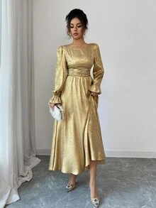 Elenzga 女士编织优雅长款秋季金色连衣裙 - 金色 - 查看 7